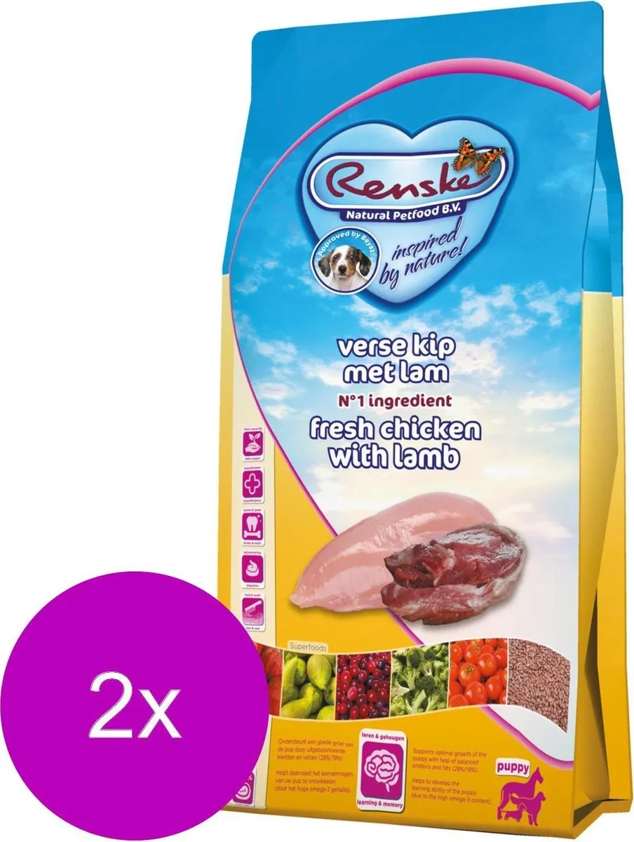 Renske Puppy Kip & Lam & Rijst Hondenvoer - 2x2kg