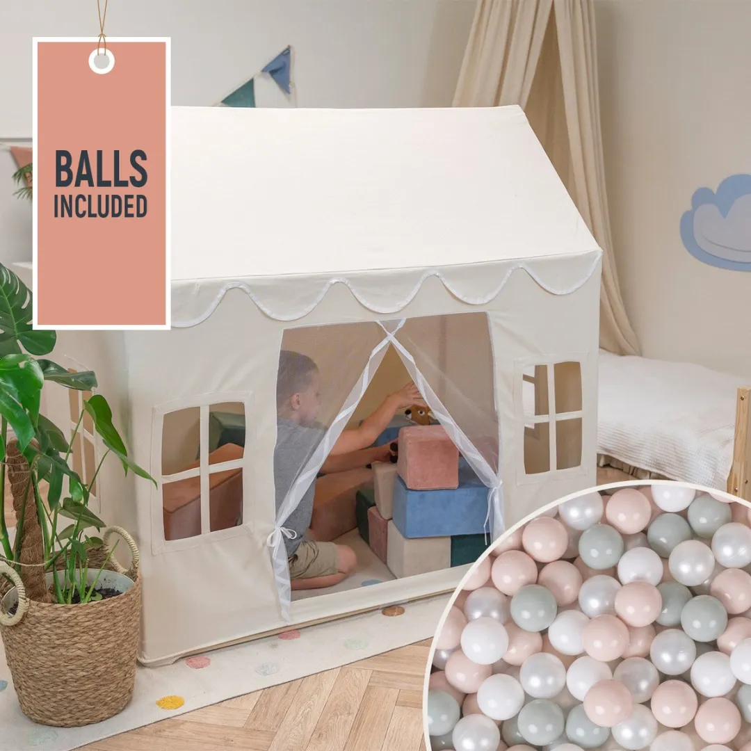 KiddyMoon Speelhuis Kindertent 400 Ballen - Wit/Parel/Pastel Beige/Groen Grijs