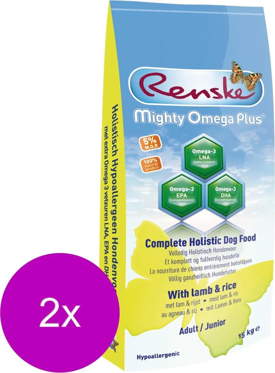 Renske Mighty Omega Plus Junior/Adult Lam&Rijst Hondenvoer - 2x3kg