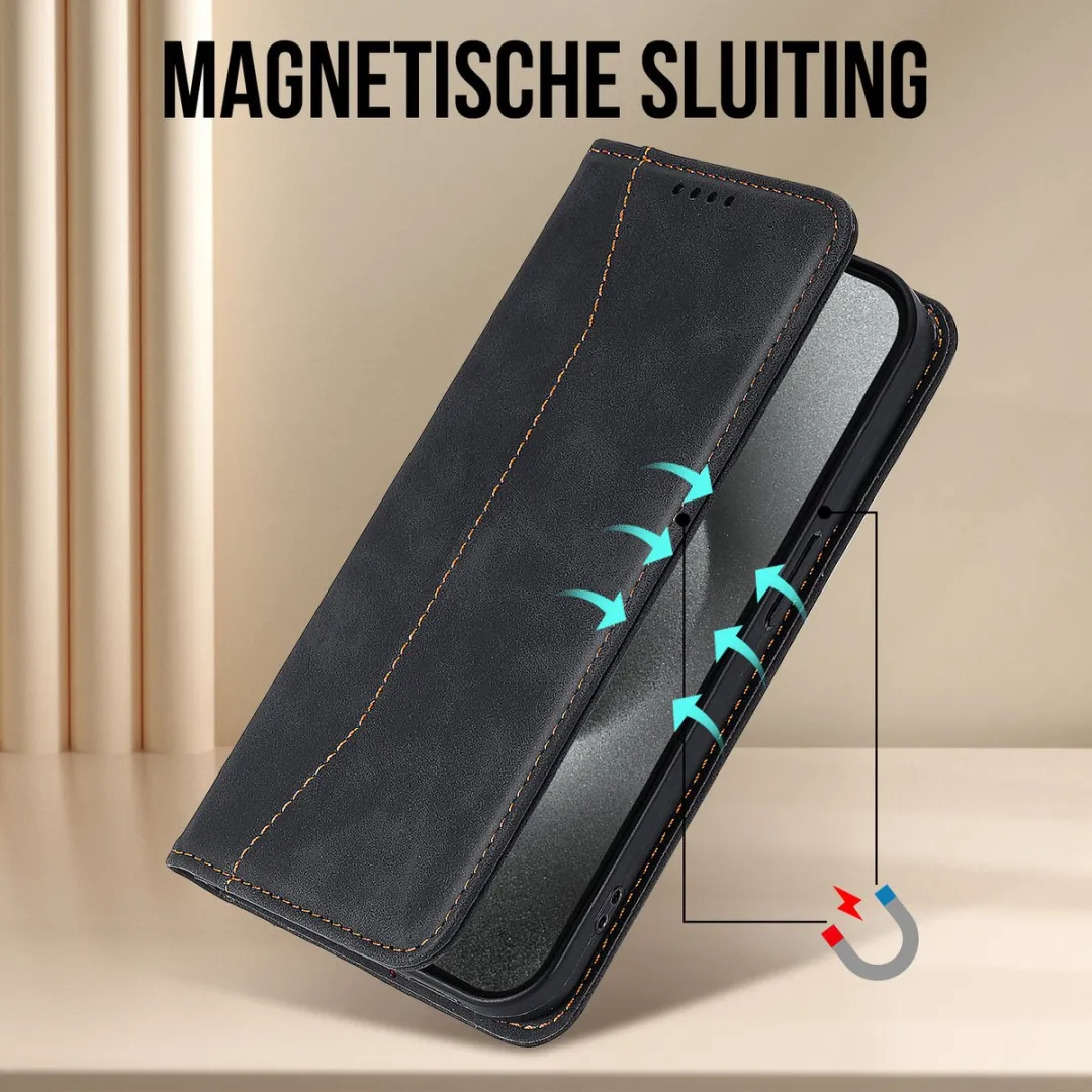 NUVEX Hoesje iPhone 15 Pro Max - Anti-Shock Bookcase - 2 Pasjes - Zwart