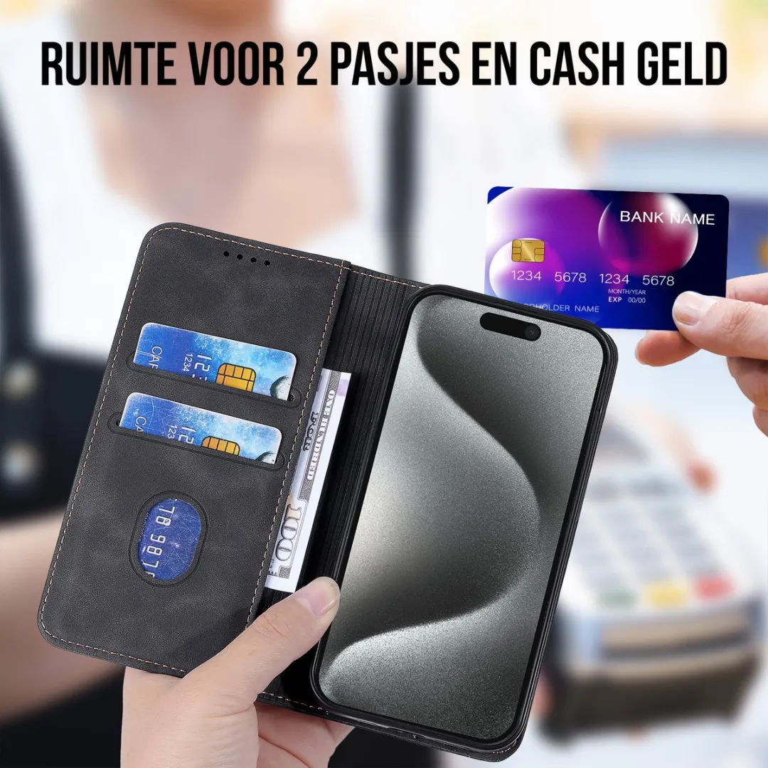NUVEX Hoesje iPhone 15 Pro Max - Anti-Shock Bookcase - 2 Pasjes - Zwart