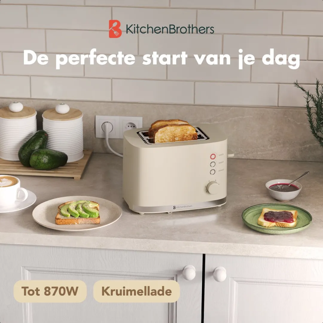 KitchenBrothers KB4096 Broodrooster 870W - 2 Sleuven - Beige
