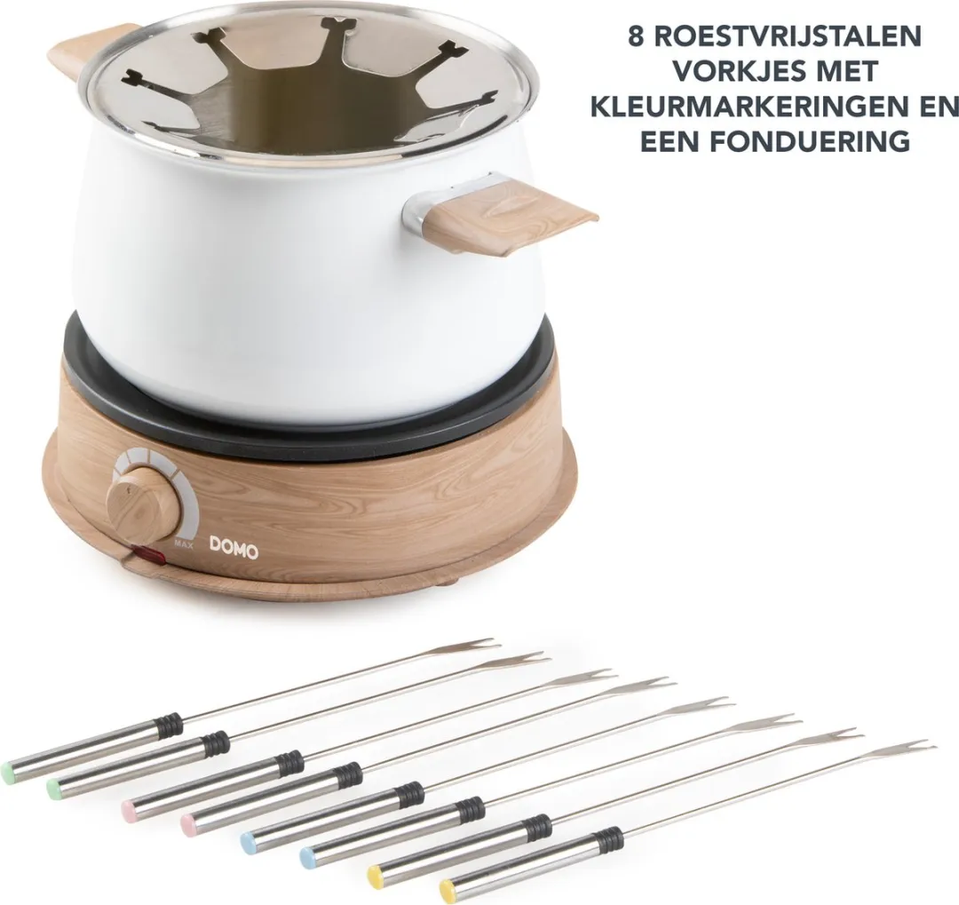 Domo DO736F Elektrische Fonduepan 1500W - 1,4L - 8 Personen - Hout/Wit