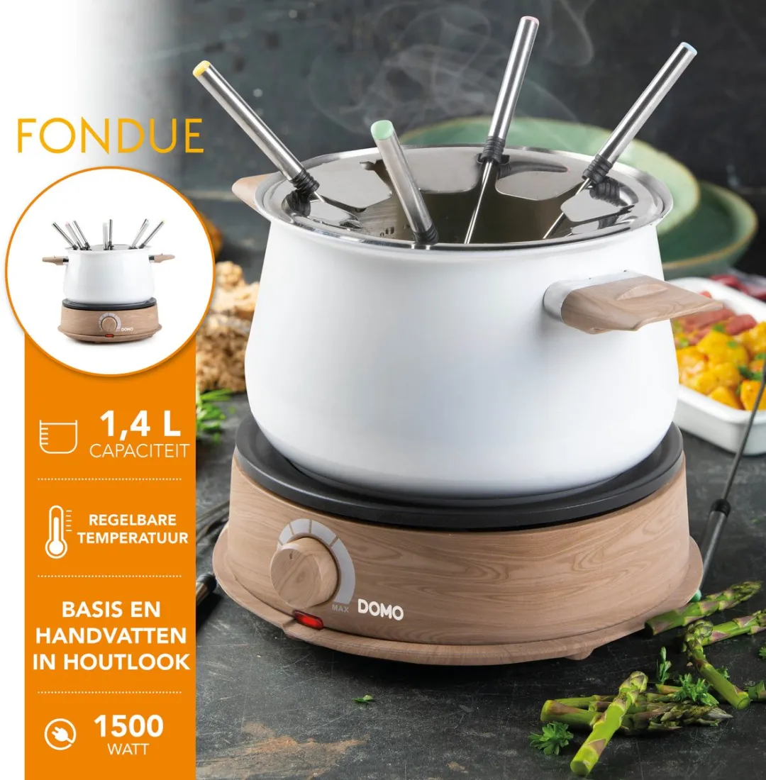 Domo DO736F Elektrische Fonduepan 1500W - 1,4L - 8 Personen - Hout/Wit