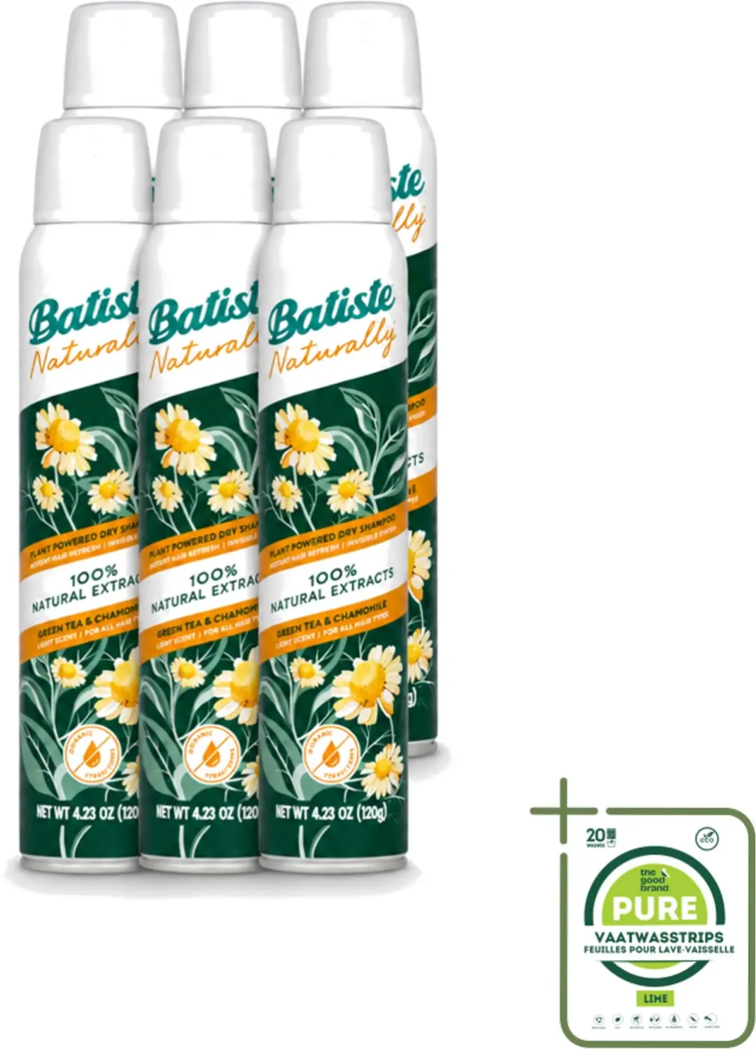 6 x Batiste - Naturally Green Tea & Chamomile - Droogshampoo - 100% Natuurlijke Extracten - Verfrist en Zuivert - 200ml - Grootverpakking - Vaatwasstrips - Natuurlijke Haarverzorging - Droogshampoo - Groene Thee - Kamille - Haartype