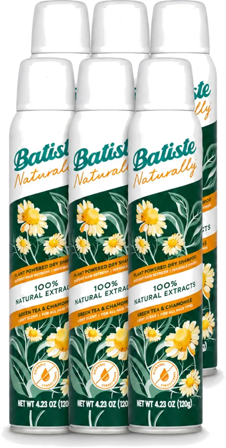 6 x Batiste - Naturally Green Tea & Chamomile - Droogshampoo - 100% Natuurlijke Extracten - Verfrist en Zuivert - 200ml - Voordeelverpakking - 6 stuks