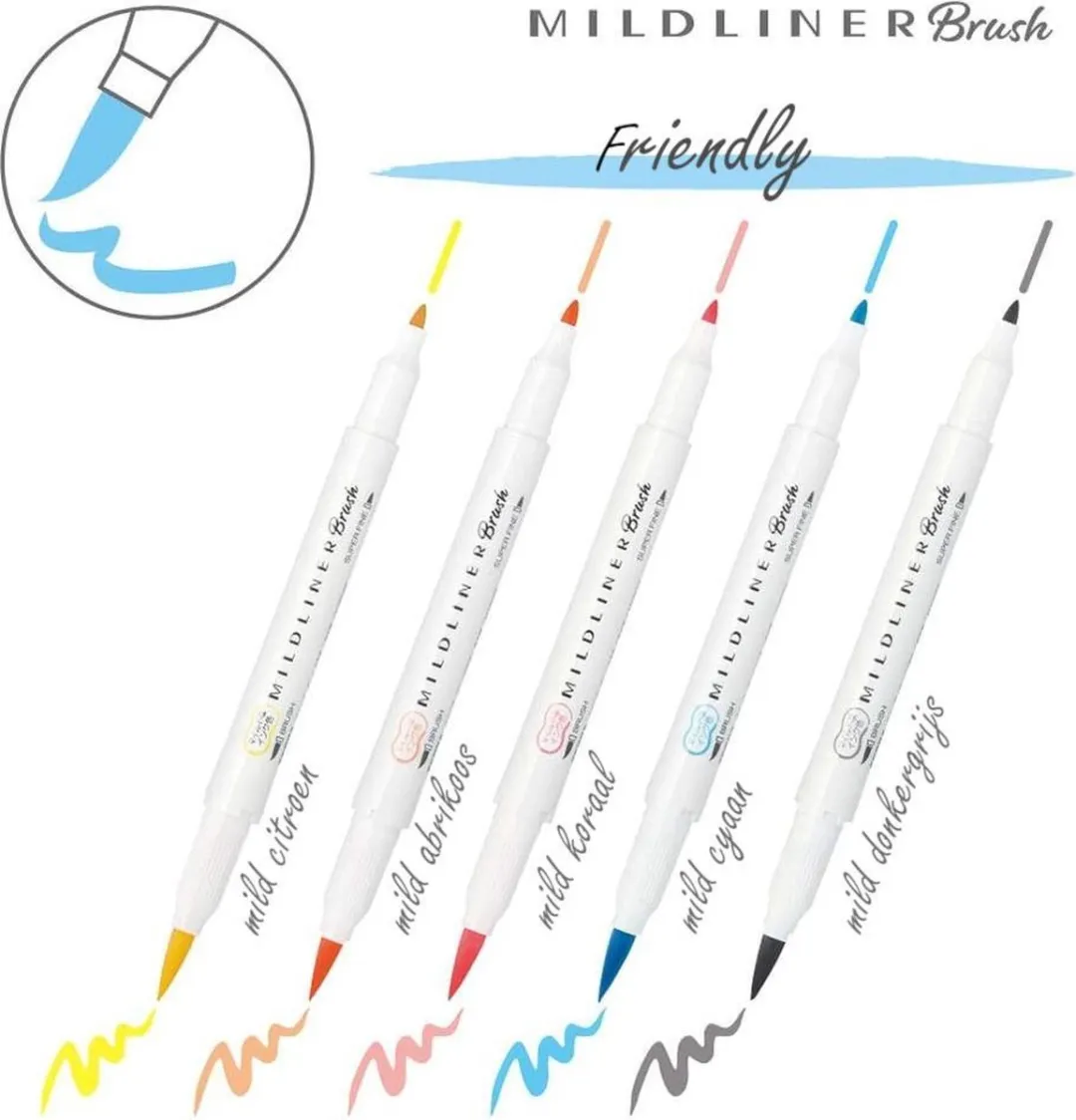 Zebra Mildliner Brush Pennen - Meerkleurig - 5 Stuks