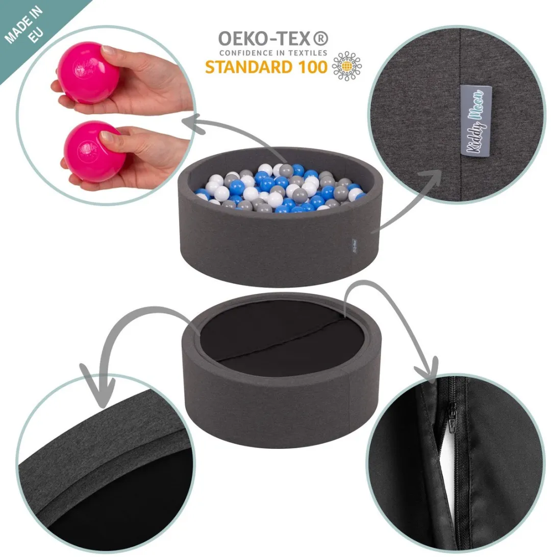 KiddyMoon Ballenbad 90x30cm - 200 Ballen ∅7cm - Donkergrijs/Wit/Grijs/Roz