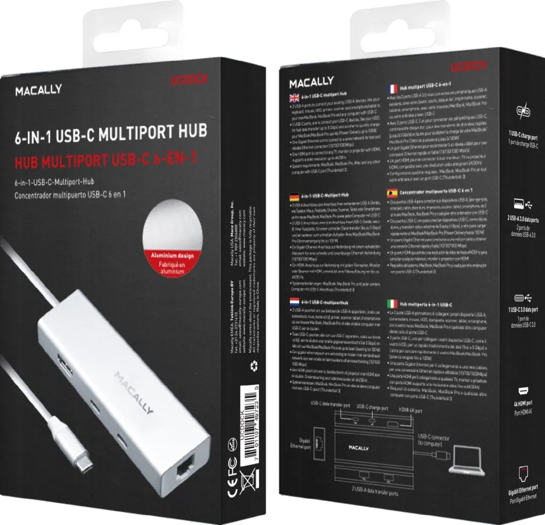 Macally UCDOCK USB-C Hub 6-in-1 - Zilver