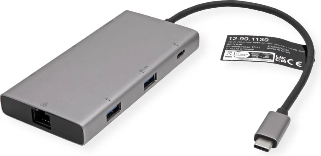 Value USB Type-C Docking Station 4K60 - HDMI+DP - 3x USB 3.2 - PD - RJ45 - Zwart/Grijs