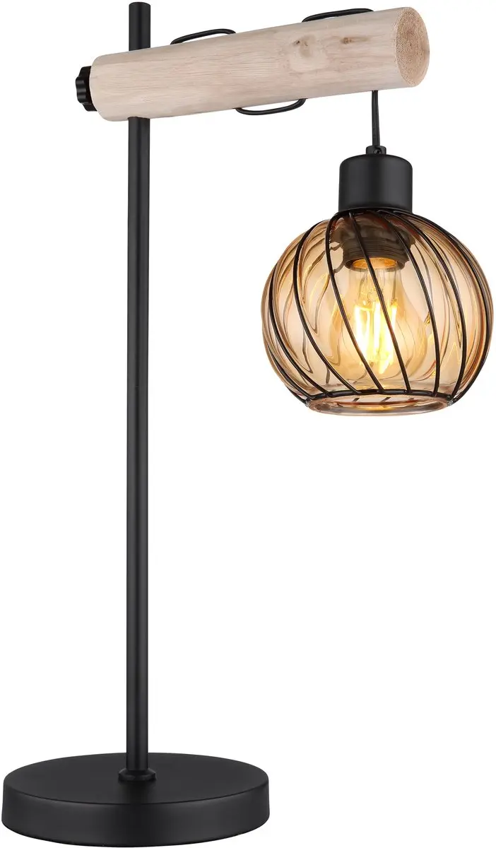 Tafellamp Bureaulamp, bijzetlamp met houten details, designlamp, metaalglas, zwa