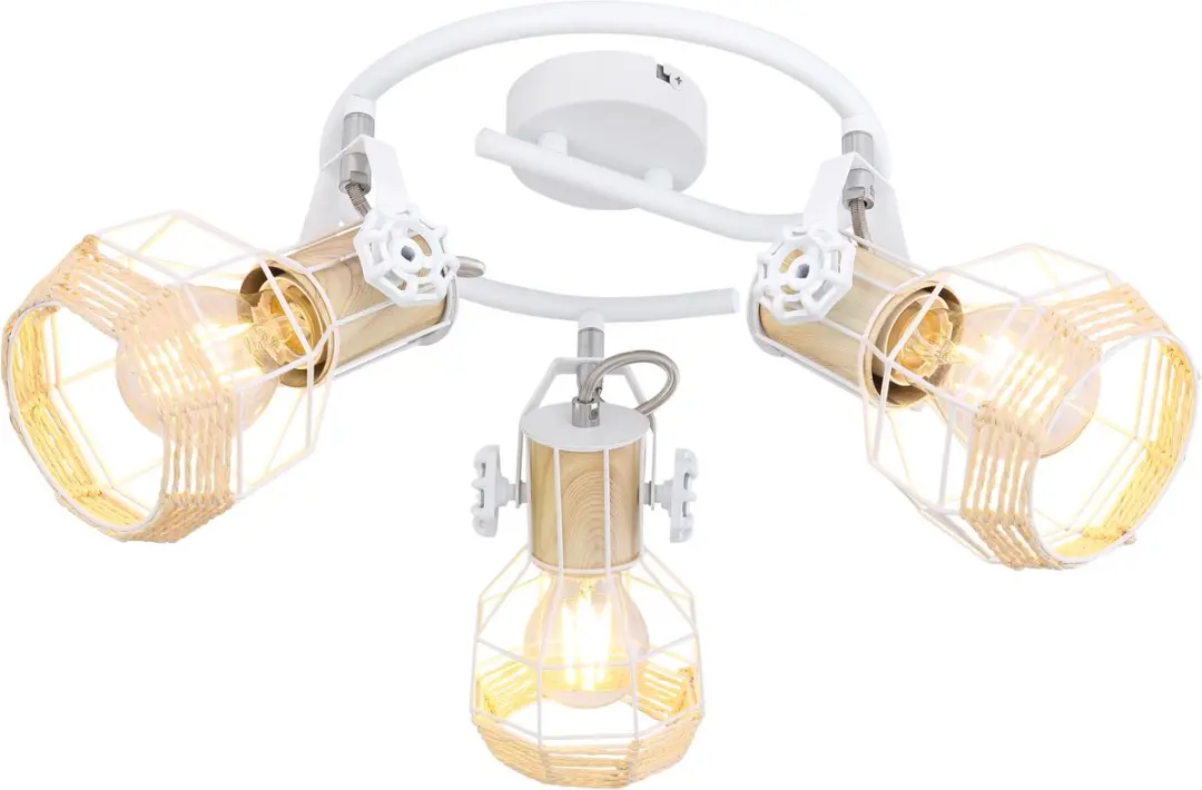 Spotrondell 3 spot plafondlamp draaibaar woonkamerlamp wit, houtlook metaal, 3x