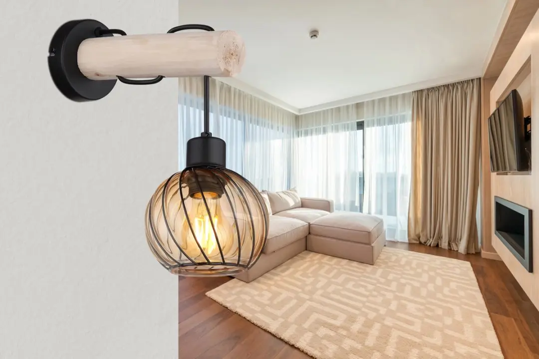Wandlamp houten lamp glazen kap ronde wandlamp amber glas woonkamerlamp hout glas amber, metaal, E27 fitting, LxBxH 27x13x30 cm - afbeelding 2 van 5