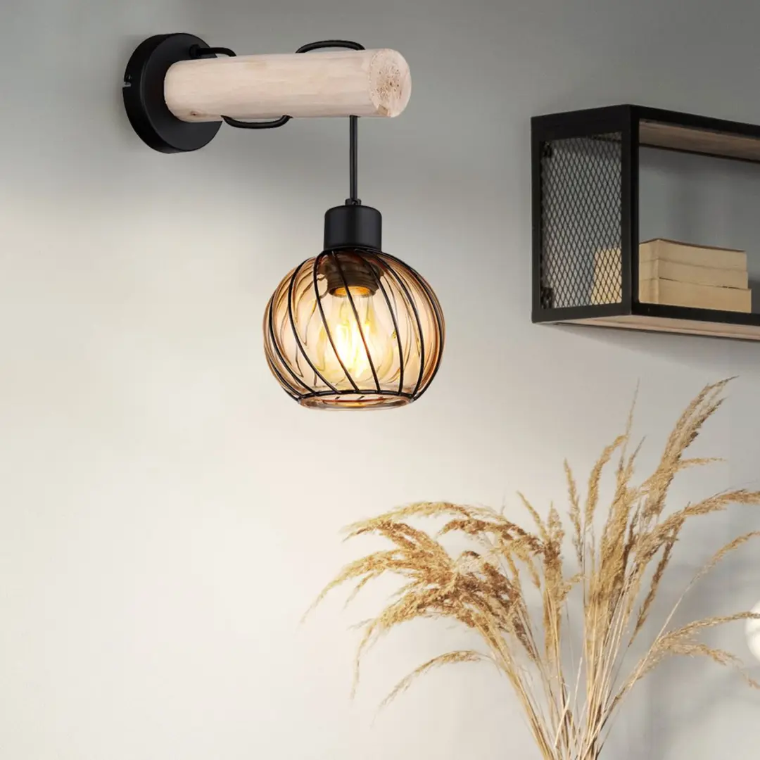 Wandlamp houten lamp glazen kap ronde wandlamp amber glas woonkamerlamp hout glas amber, metaal, E27 fitting, LxBxH 27x13x30 cm - afbeelding 5 van 5