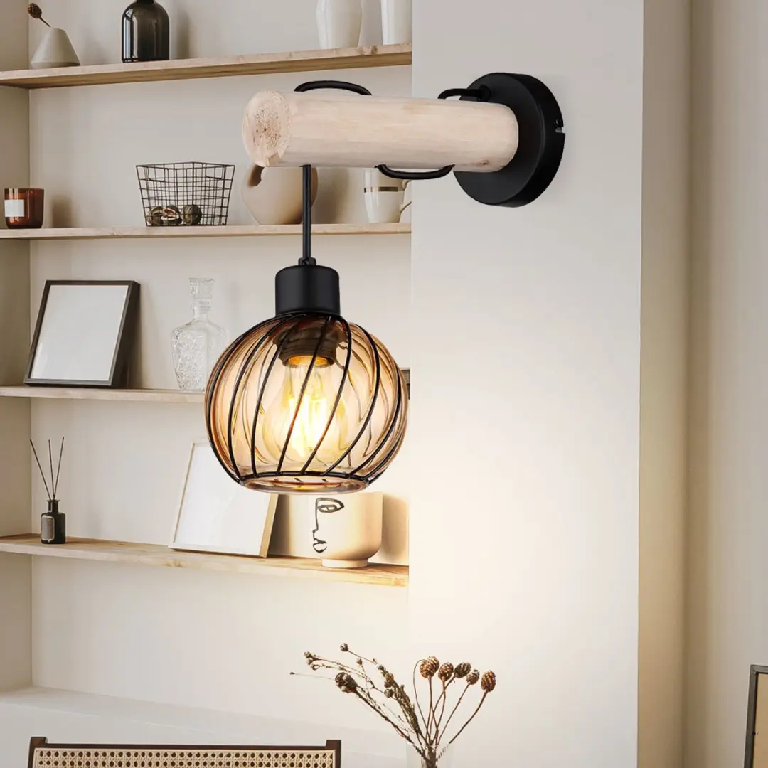 Wandlamp houten lamp glazen kap ronde wandlamp amber glas woonkamerlamp hout glas amber, metaal, E27 fitting, LxBxH 27x13x30 cm - afbeelding 4 van 5