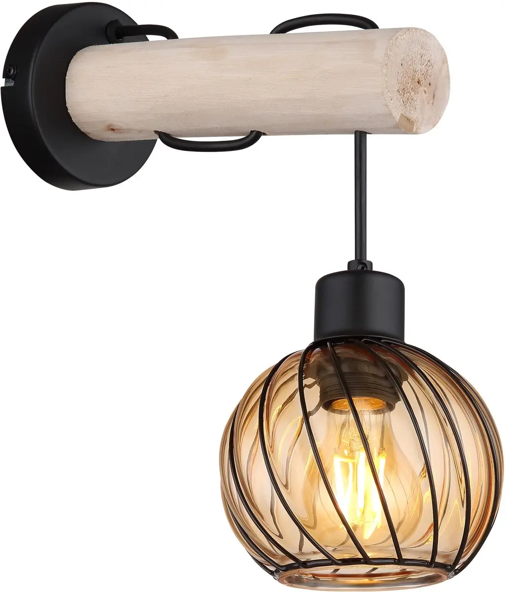Wandlamp houten lamp glazen kap ronde wandlamp amber glas woonkamerlamp hout gla