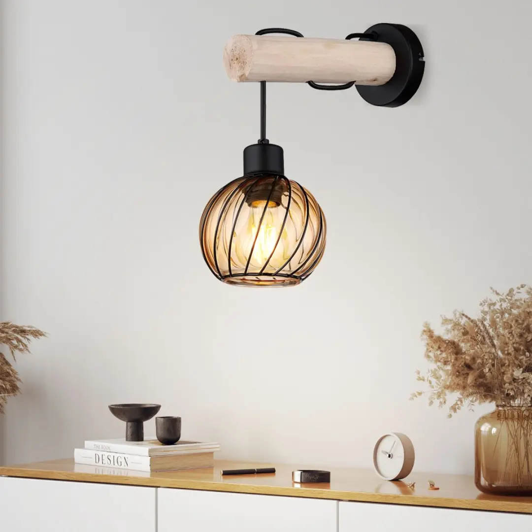 Wandlamp houten lamp glazen kap ronde wandlamp amber glas woonkamerlamp hout glas amber, metaal, E27 fitting, LxBxH 27x13x30 cm - afbeelding 3 van 5