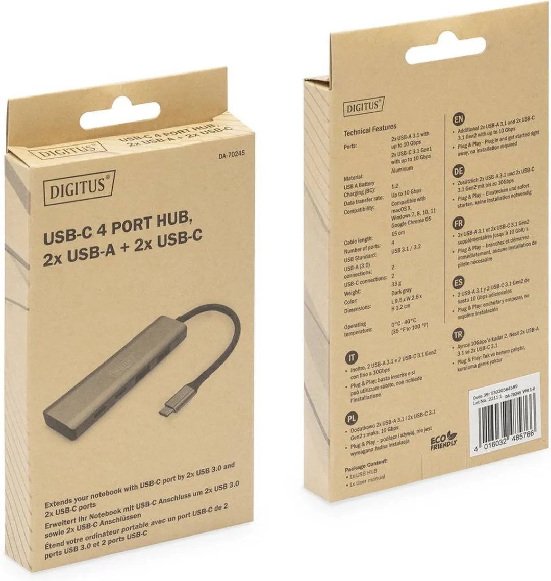 Digitus DA-70245 USB-hub 4x USB-A 10Gbps - Donkergrijs