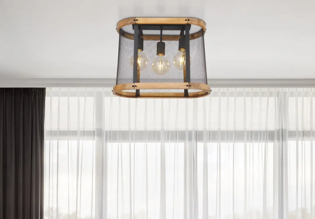 Plafondlamp Houten lamp Woonkamerlamp Eetkamerlamp, 3 vlammen industrieel, metaa