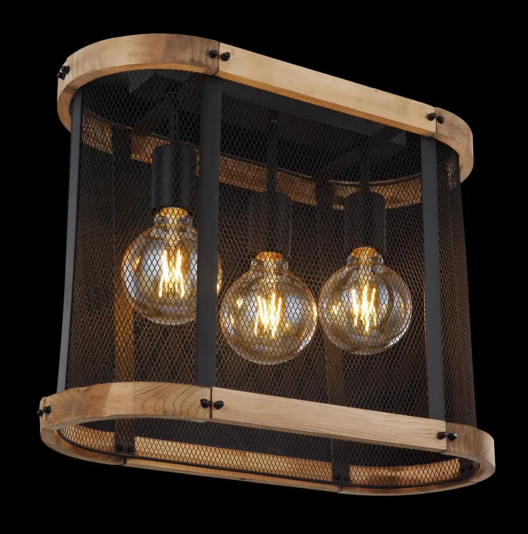 Plafondlamp Houten lamp Woonkamerlamp Eetkamerlamp, 3 vlammen industrieel, metaal zwart hout donkerbruin, E27 fitting, LxBxH 45x20x38cm - afbeelding 4 van 6