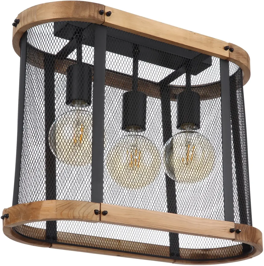 Plafondlamp Houten lamp Woonkamerlamp Eetkamerlamp, 3 vlammen industrieel, metaal zwart hout donkerbruin, E27 fitting, LxBxH 45x20x38cm - afbeelding 3 van 6