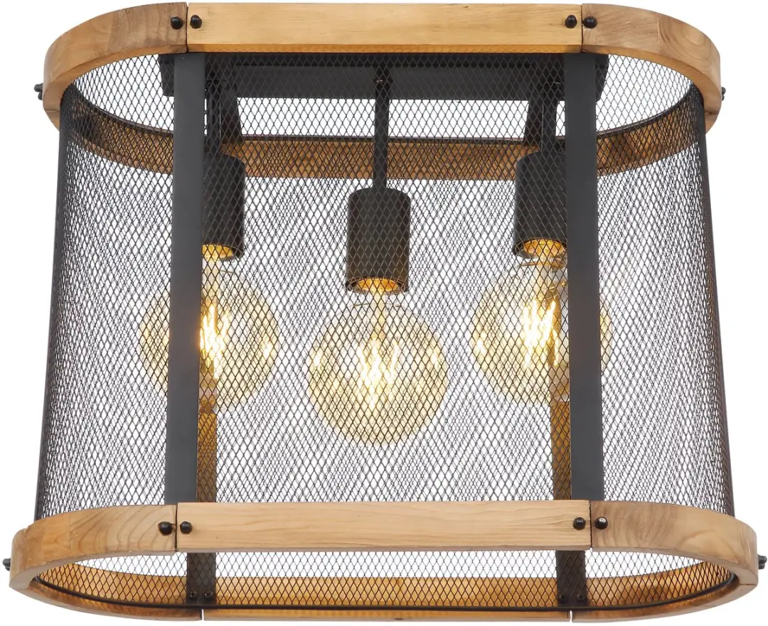 Plafondlamp Houten lamp Woonkamerlamp Eetkamerlamp, 3 vlammen industrieel, metaal zwart hout donkerbruin, E27 fitting, LxBxH 45x20x38cm - afbeelding 2 van 6