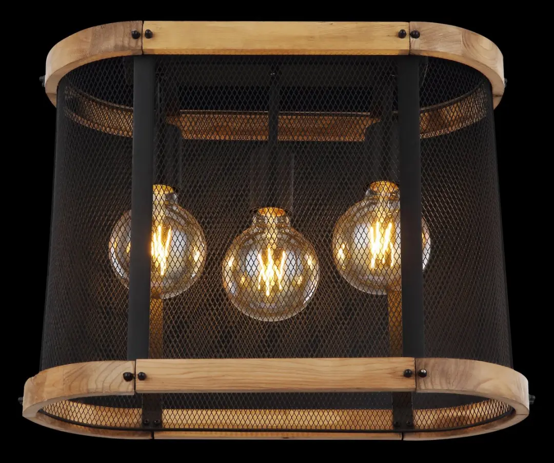 Plafondlamp Houten lamp Woonkamerlamp Eetkamerlamp, 3 vlammen industrieel, metaal zwart hout donkerbruin, E27 fitting, LxBxH 45x20x38cm - afbeelding 5 van 6