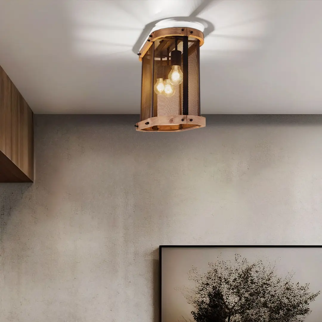 Plafondlamp Houten lamp Woonkamerlamp Eetkamerlamp, 3 vlammen industrieel, metaal zwart hout donkerbruin, E27 fitting, LxBxH 45x20x38cm - afbeelding 6 van 6