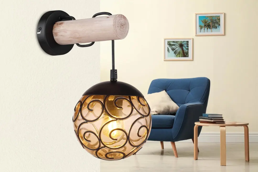 Wandlamp Wandlamp Vintage woonkamerlamp amber Ganglamp rond, metaal zwart hout k