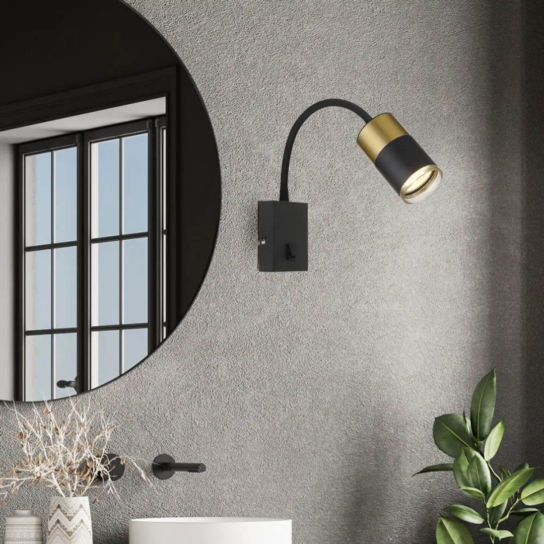Wandlamp flexibel Slaapkamerlamp Leeslamp zwart koper Wandlamp met schakelaar, 1x GU10, BxH 7 x 43 cm - afbeelding 6 van 6