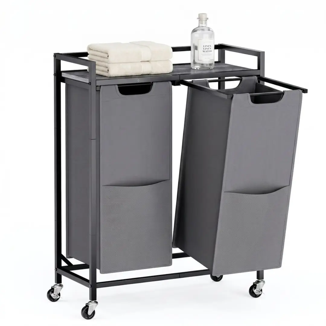 VASAGLE Wasmand met 2 compartimenten, rolwagen met plank en vakken, wasmand voor