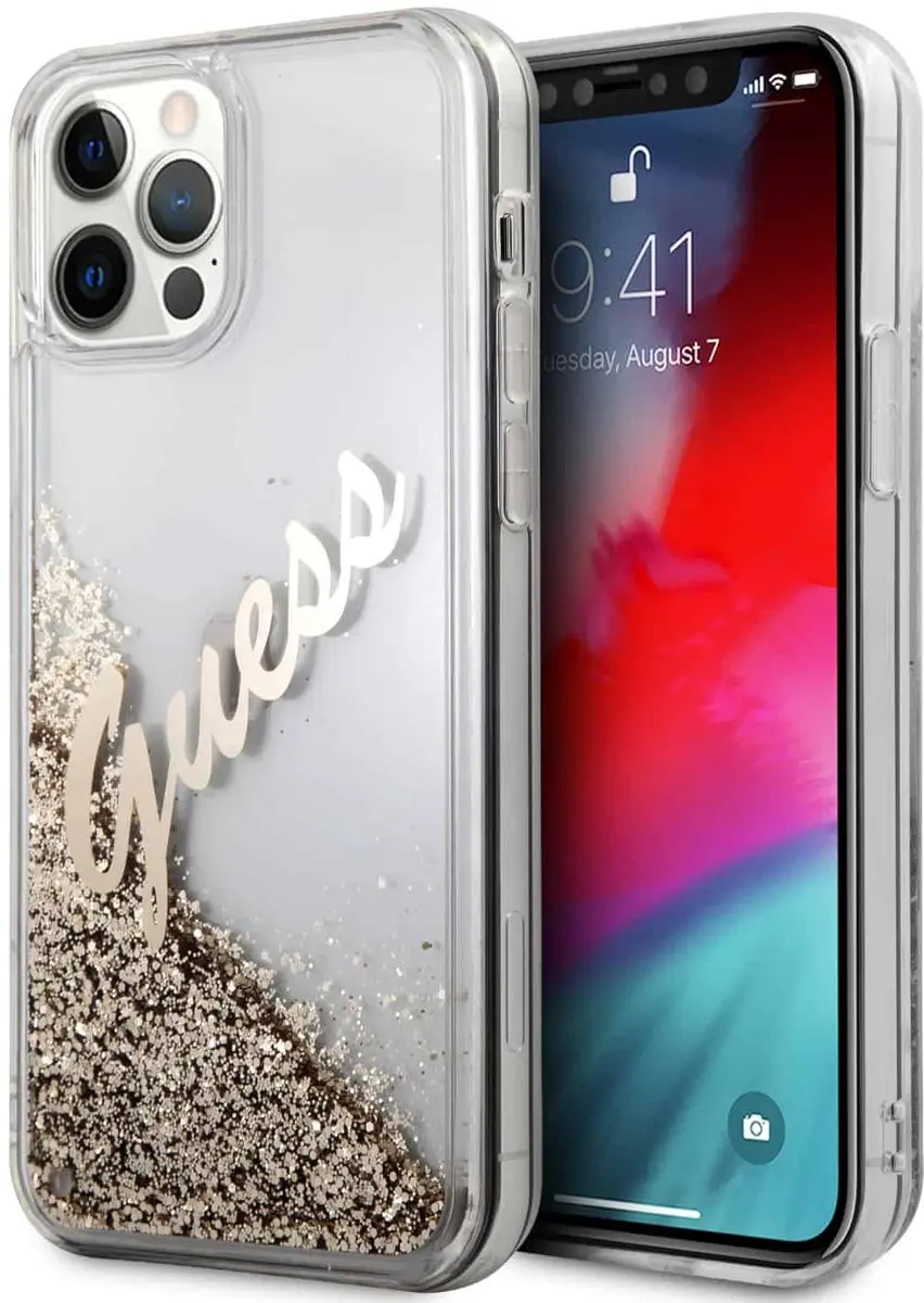 Guess Liquid Glitter Vintage Backcase hoesje iPhone 12 Pro en 12 Goud
