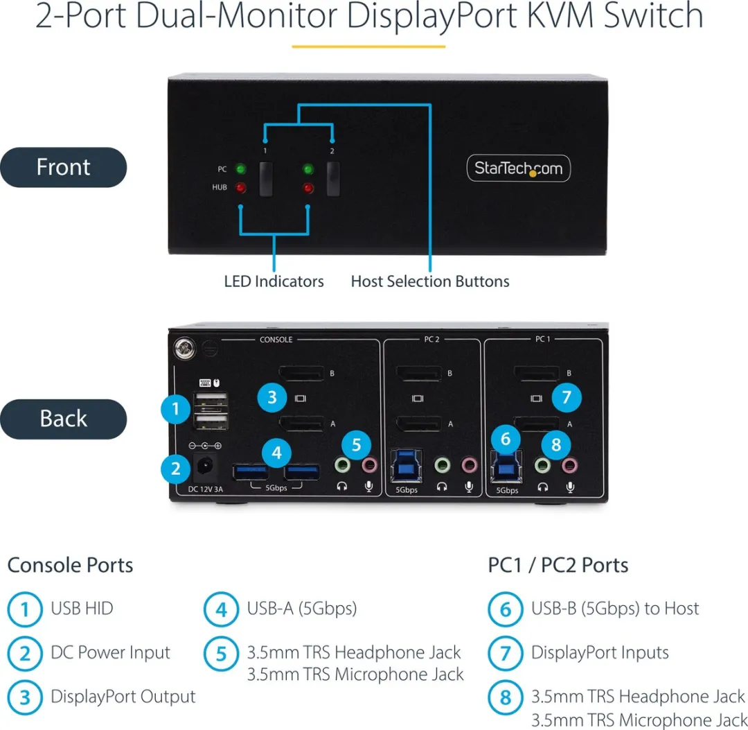 Startech P2DD46A2-KVM-SWITCH KVM Switch 2x DisplayPort - 4K 60Hz - USB 5Gbps/2.0 - Zwart