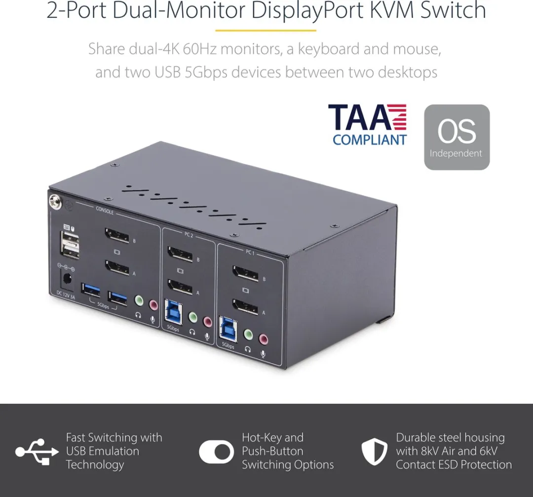 Startech P2DD46A2-KVM-SWITCH KVM Switch 2x DisplayPort - 4K 60Hz - USB 5Gbps/2.0 - Zwart
