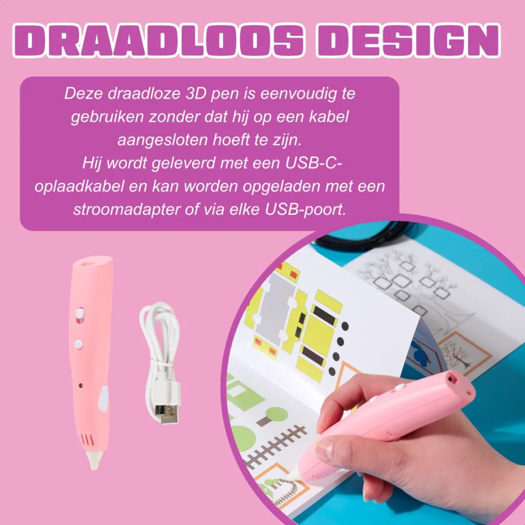Fits4Kids 3D Pen Race Kit Draadloos Roze - PCL Filament