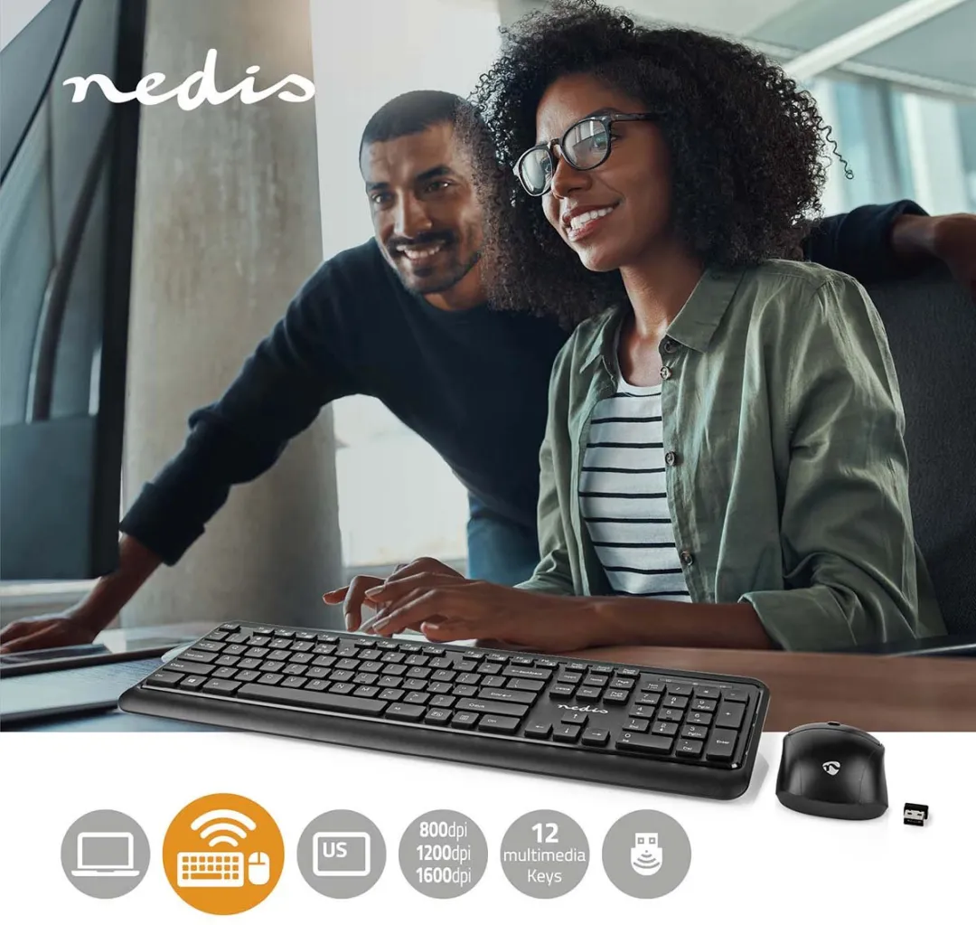 Nedis Muis en Toetsenbord - Set - Draadloos - Muis- en toetsenbordverbinding: USB - 800 / 1200 / 1600 dpi - Instelbare DPI - QWERTY - US Internationaal