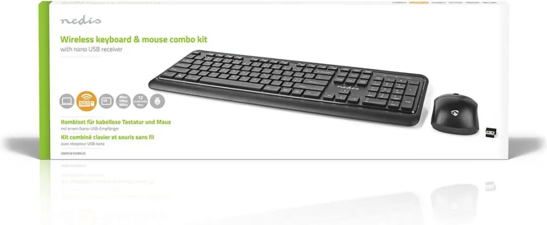 Nedis Muis en Toetsenbord - Set - Draadloos - Muis- en toetsenbordverbinding: USB - 800 / 1200 / 1600 dpi - Instelbare DPI - QWERTY - US Internationaal