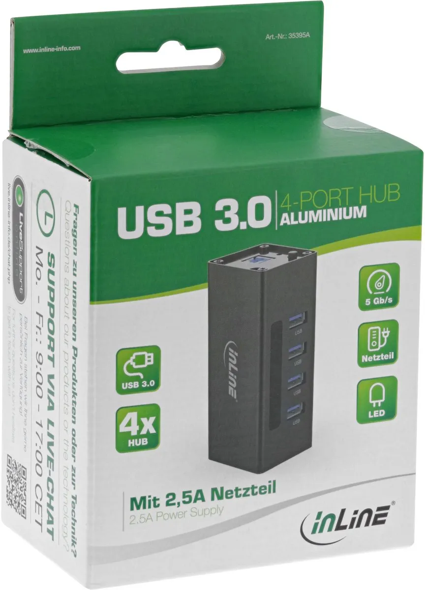 InLine USB Hub 3.0 4 Poorten - 12V AC-adapter - 1m - Zwart