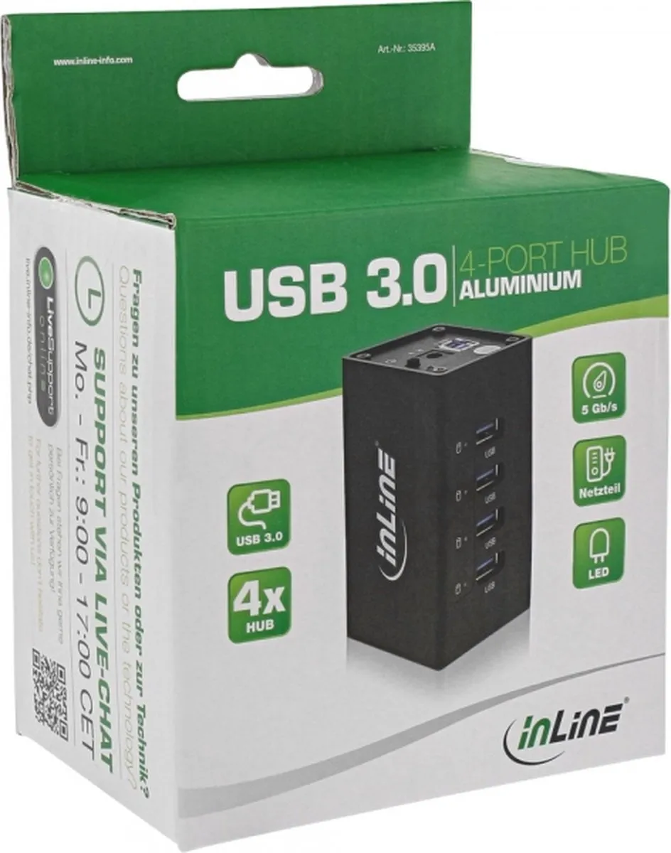 InLine USB Hub 3.0 4 Poorten - 12V AC-adapter - 1m - Zwart