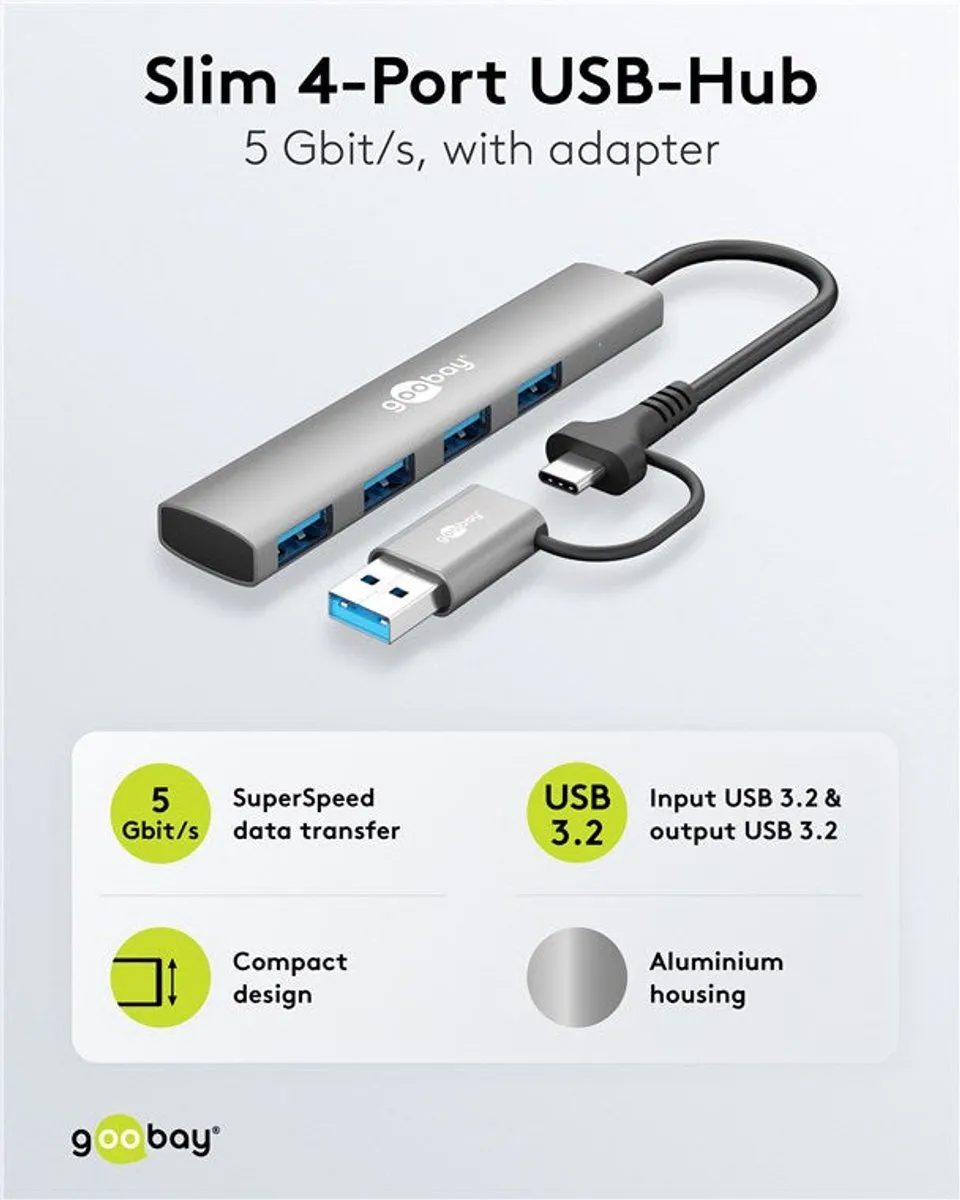 Goobay 79149 USB Hub 4 Poorten 5Gbit/s - Grijs