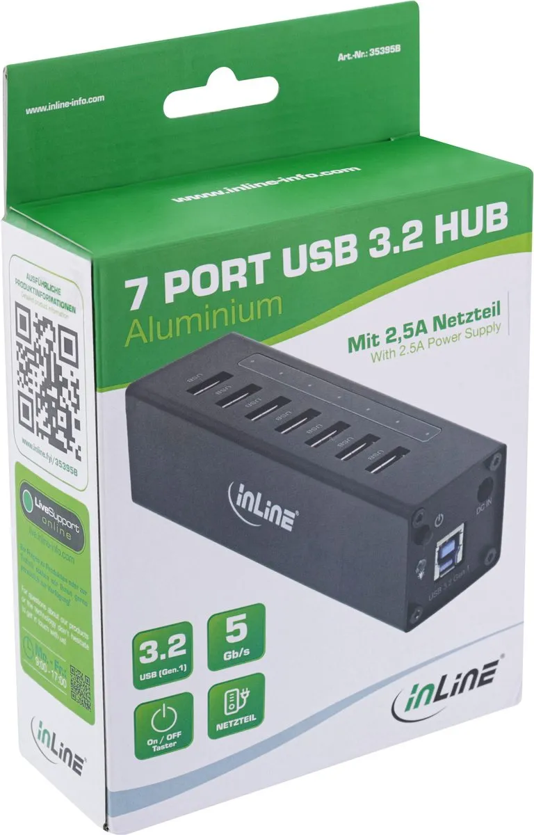 InLine USB Hub 7 Poorten 3.0 - 12V AC-adapter - 35395B Zwart - afbeelding 2 van 6