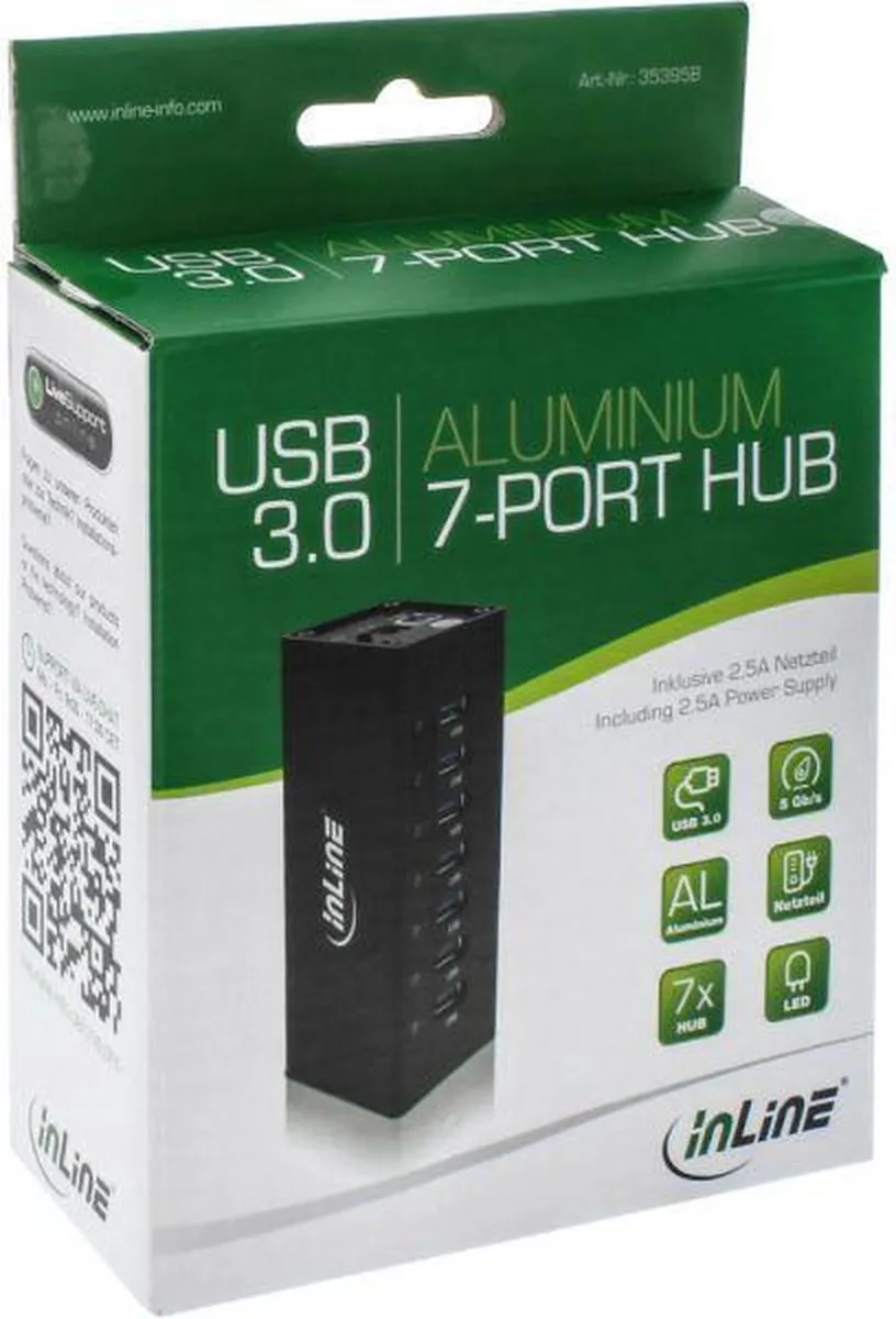 InLine USB Hub 7 Poorten 3.0 - 12V AC-adapter - 35395B Zwart - afbeelding 5 van 6
