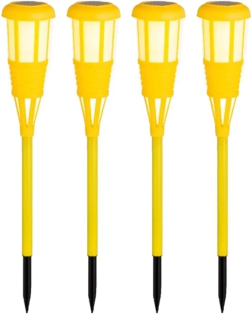 4x stuks solar tuinfakkel/tuinlamp geel op zonne-energie 61 cm - Prikspots tuinverlichting