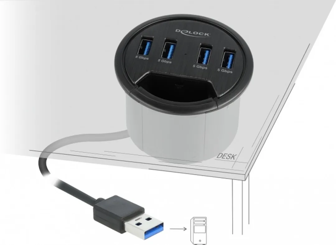 Delock 64153 InDesk Hub - 4x USB 3.2 Gen 1 Type-A - Zwart