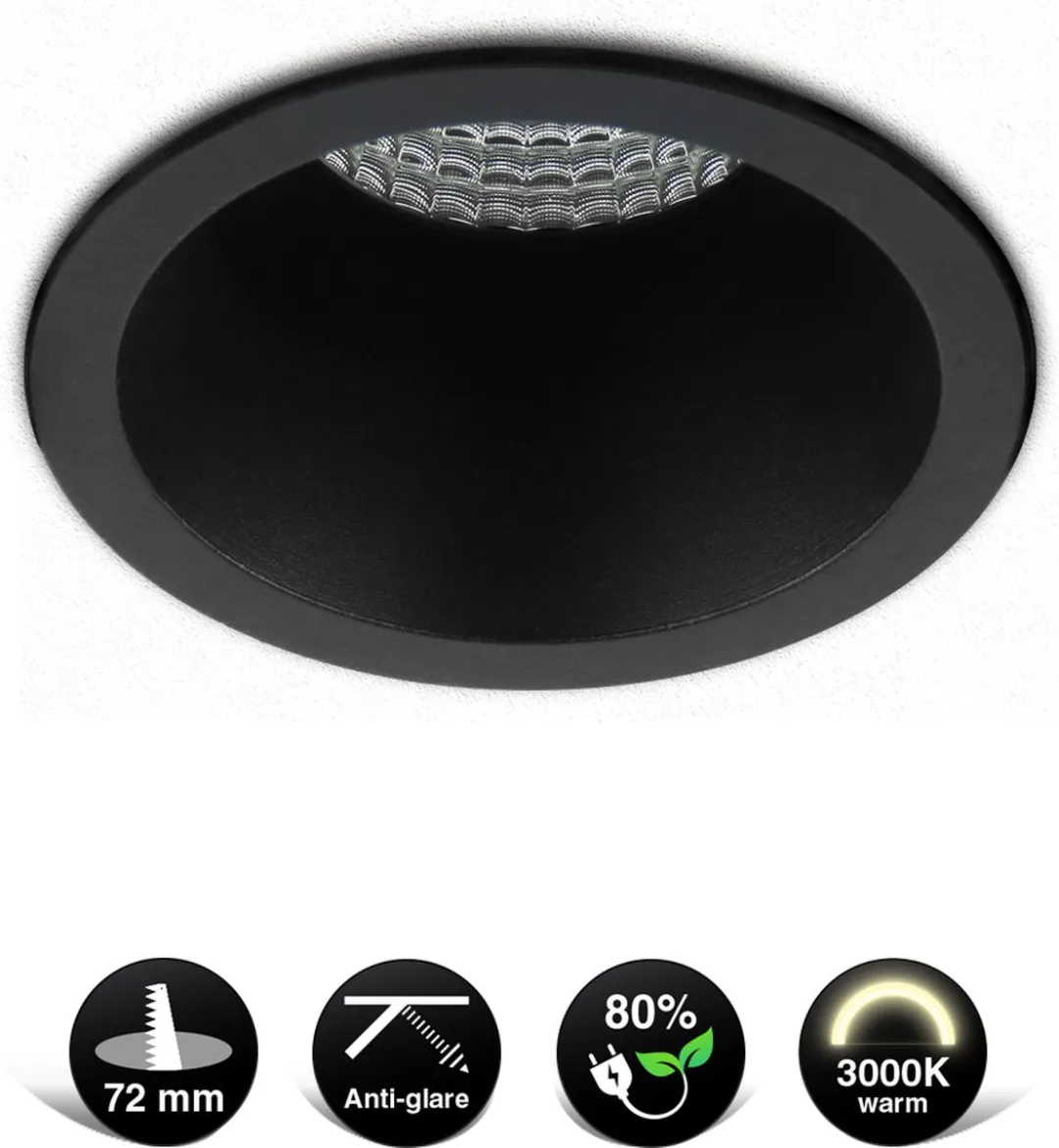 2X Zwarte LED Inbouwspot - 5W - 3000K Warm Wit - ⌀80mm - Anti glare - Hoogwaardig Aluminium - Energiezuinig & Duurzaam