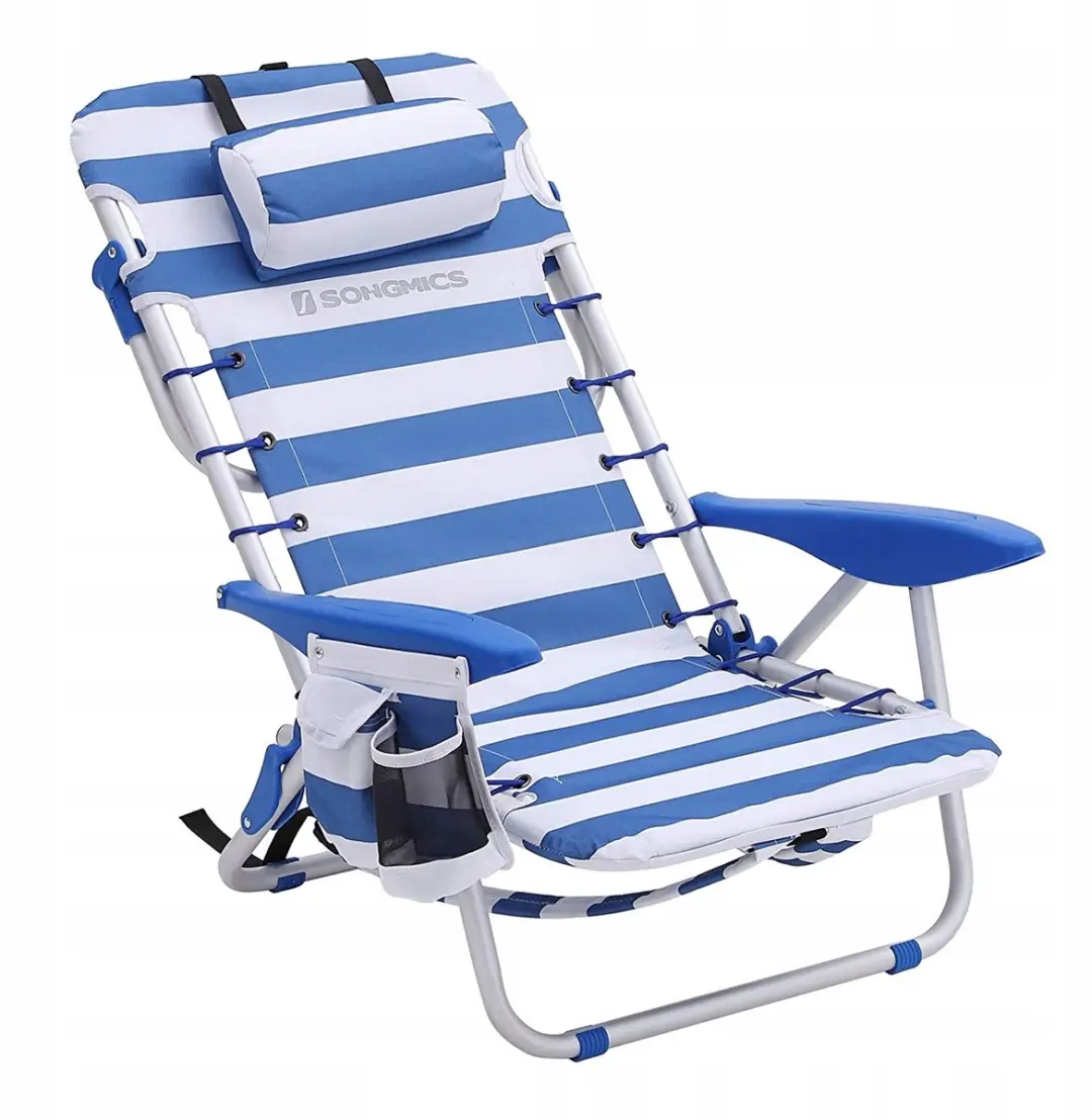 Opvouwbare strandstoel met kussen, blauw-wit gestreept, lichtgewicht