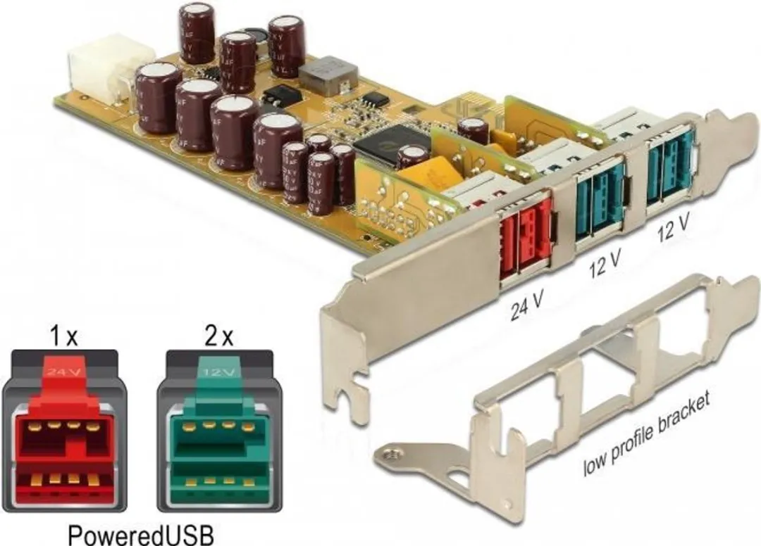 Delock PoweredUSB PCIe Kaart - 1x 24V + 2x 12V - Zwart