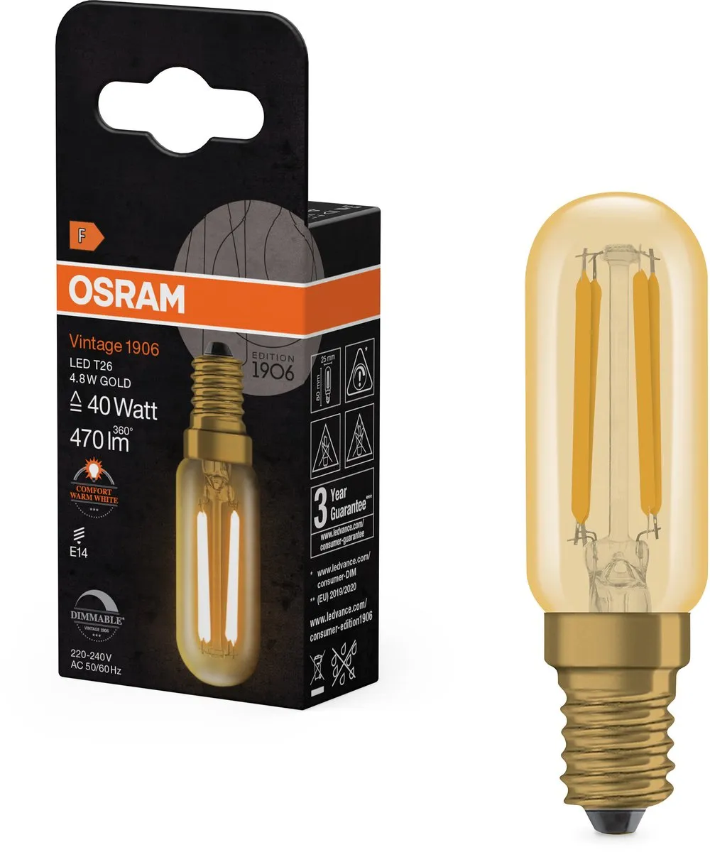Osram Vintage 1906 LED E14 Tubular Amber 4.8W 470lm - 822 Zeer Warm Wit