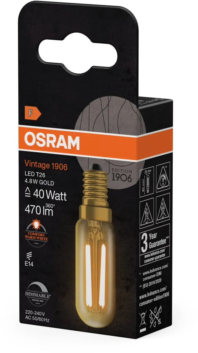 Osram Vintage 1906 LED E14 Tubular Amber 4.8W 470lm - 822 Zeer Warm Wit