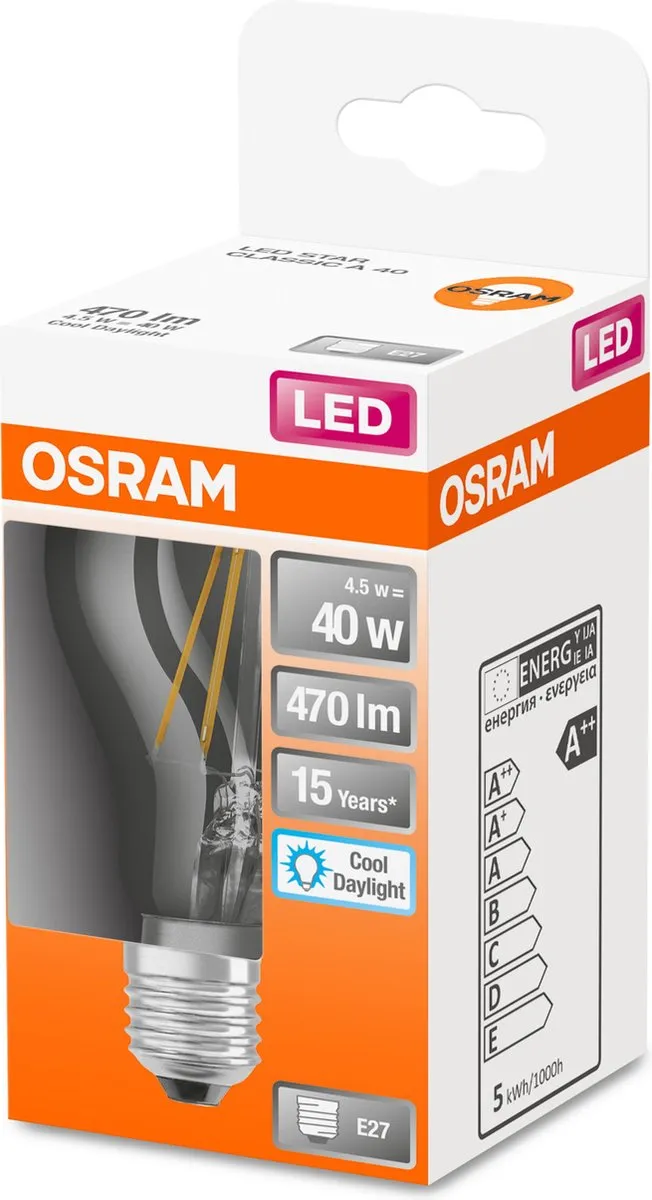 Osram E27 LED 4.5W 6500K Koel Wit - Helder Glas